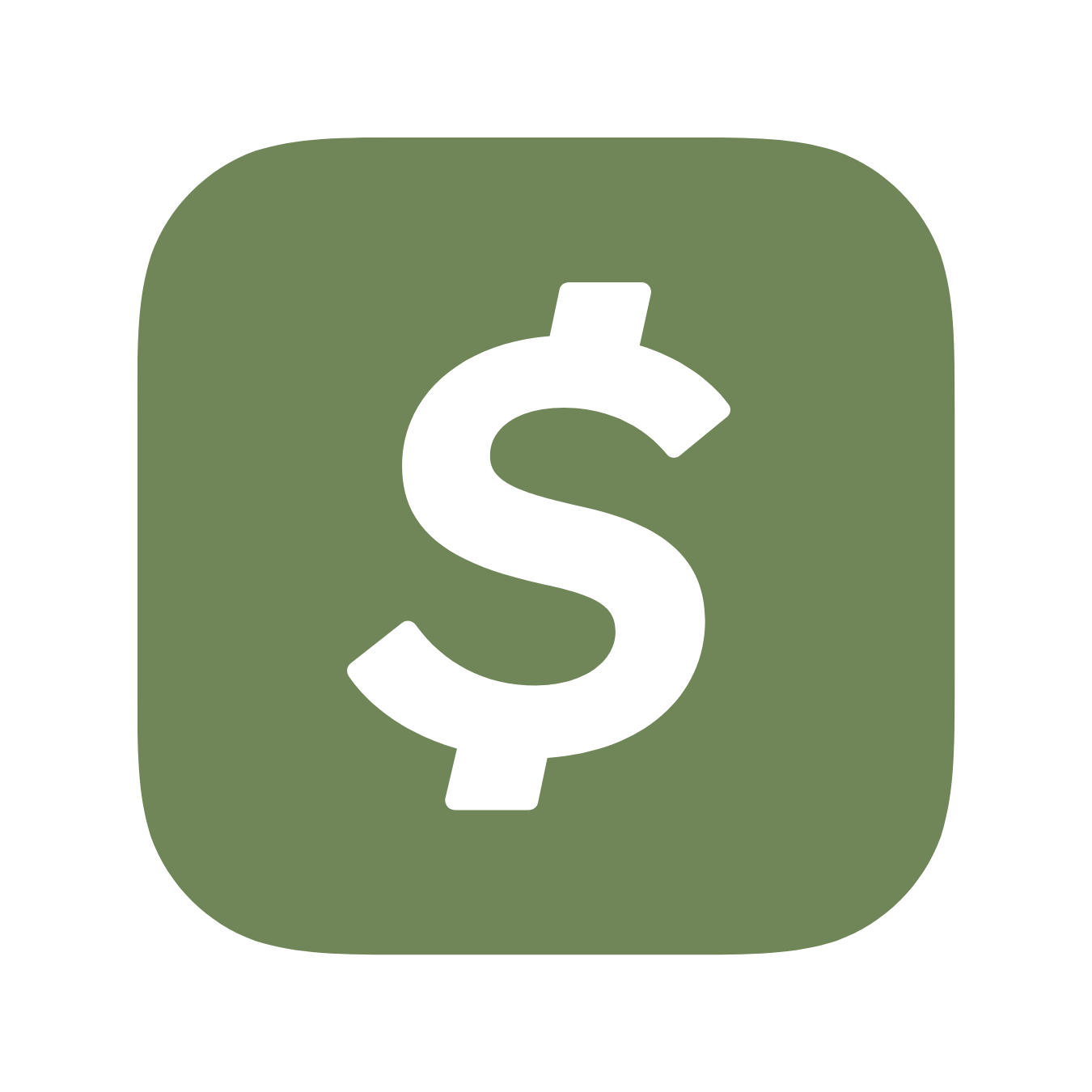 Mobile app icon with a white dollar sign on a green rounded square background.
