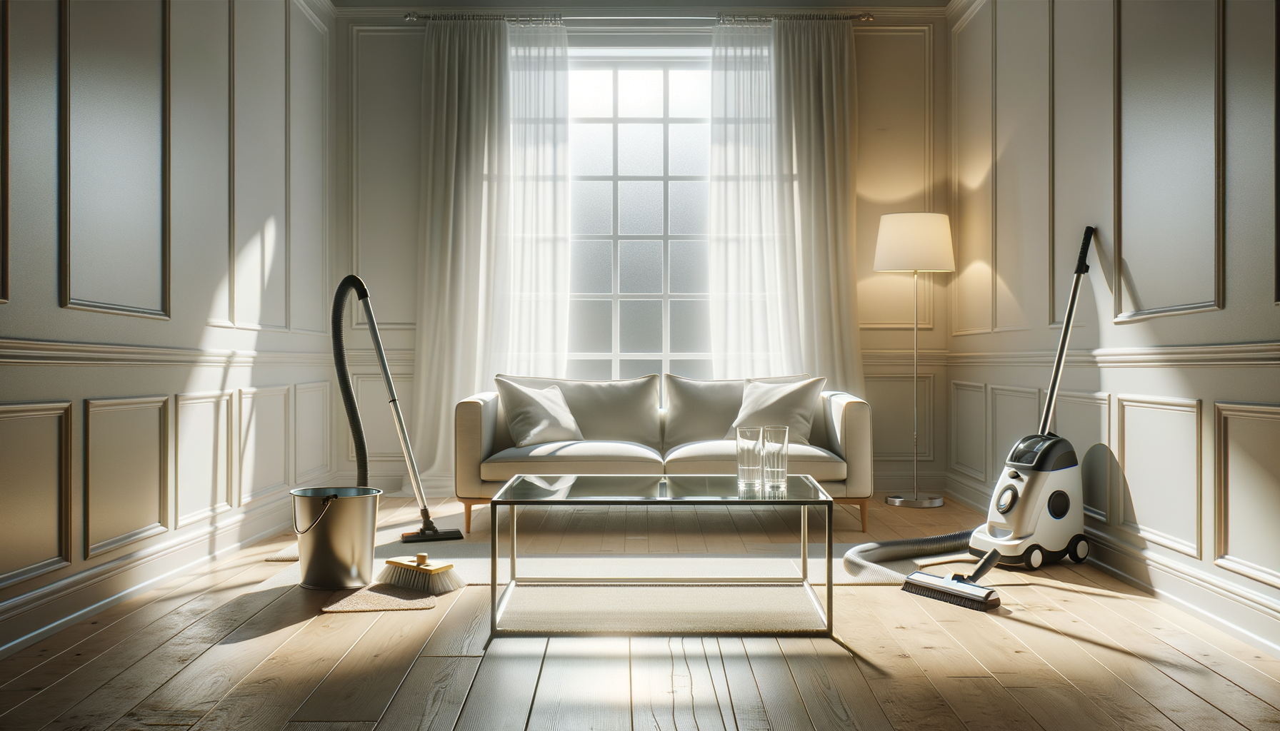 Clean and modern living room with vacuum cleaner and cleaning supplies in the foreground, a white sofa with pillows, a glass coffee table, floor lamp, and large window with curtains in the background.