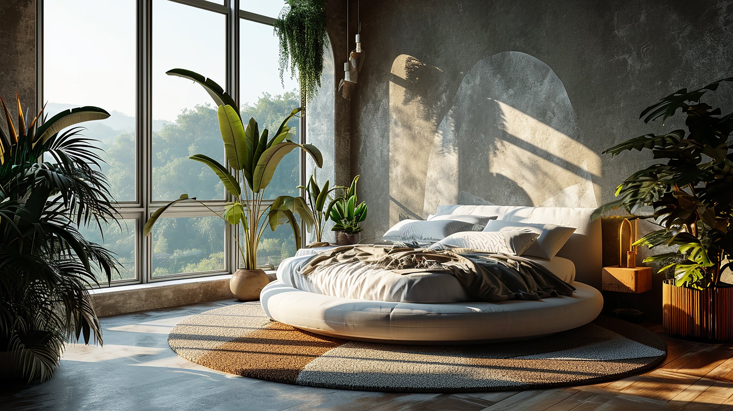 Bright bedroom with large window, natural sunlight casting shadows on a dark textured wall, leafy green plants, a low round bed with white bedding and decorative pillows, a round striped rug, and a small bedside table with a golden lamp.
