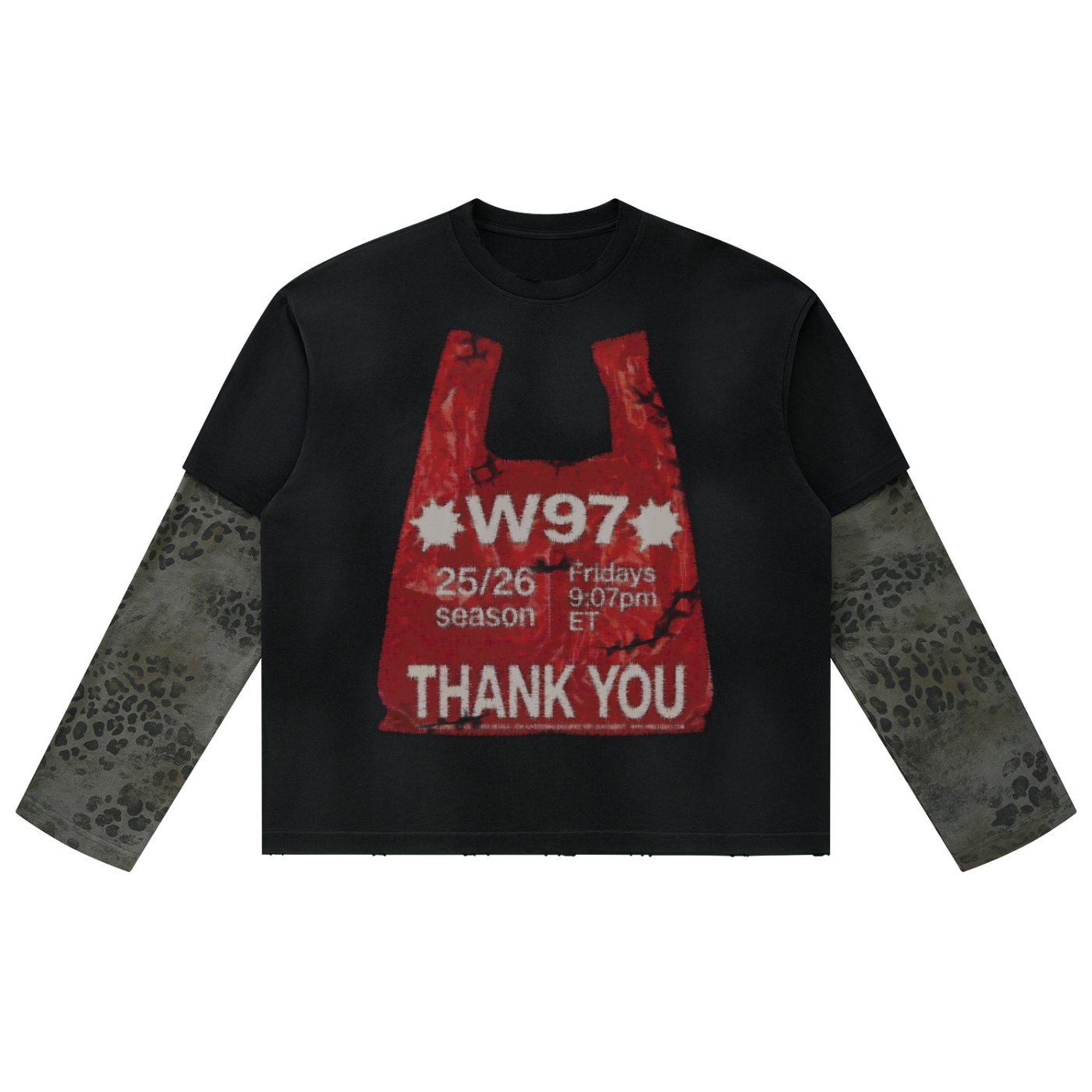 W97 Thank You Vintage Wash Leopard Paneled Layer T-Shirt