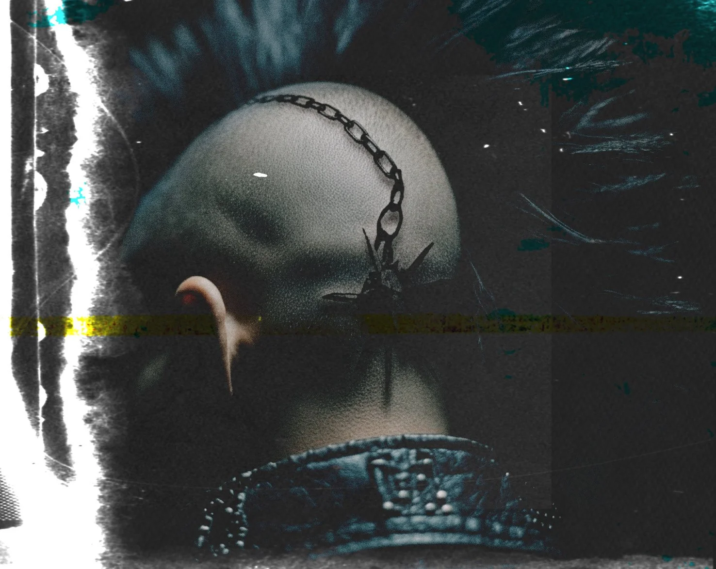 A person with a chain necklace, closed eyes, and dark hair, lying down on a reflective surface with a dark and abstract background.