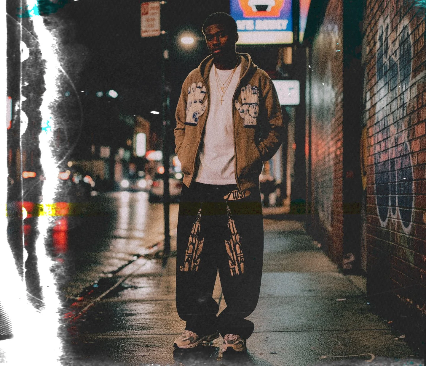 A young man standing on a wet city sidewalk at night, wearing a beige jacket with gloves design, a white shirt, and baggy pants, with hands in pockets and looking at the camera.