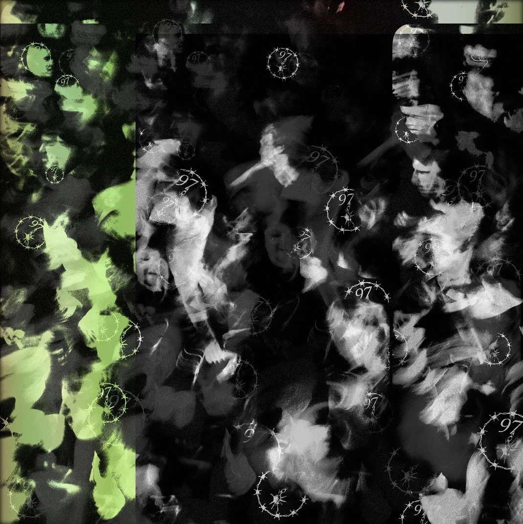 Black and white photograph of a group of people at a party with a greenish overlay on the left side, featuring Super 97 radio station logos in a circular design.