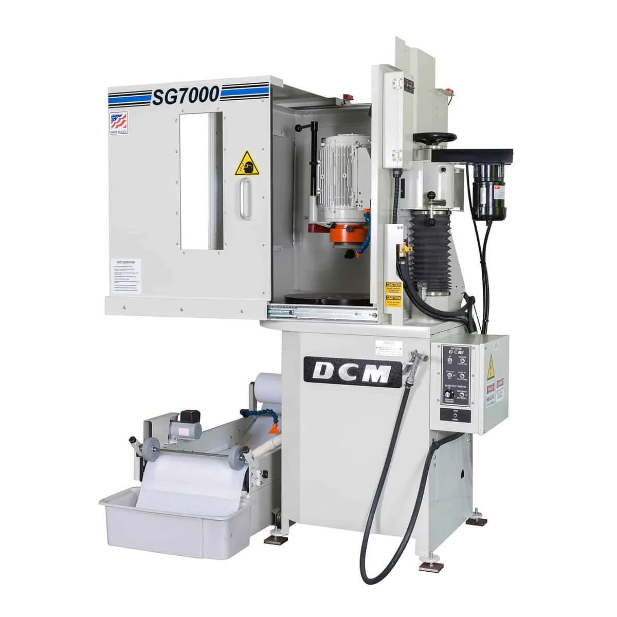 The DCM Tech SG 7000 is a rugged flywheel resurfacing machine featuring a 10 HP spindle motor, direct‑drive table on precision roller thrust bearings and optional power head positioning and auto‑feed for high productivity
