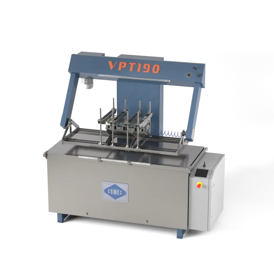 The Comec VPT190 enables high‑capacity leak‑testing of cylinder heads/blocks (up to 1350 mm width) via hot‑water immersion, insulated stainless‑steel tank, dual heating elements and a motorized cradle for ease of inspection.