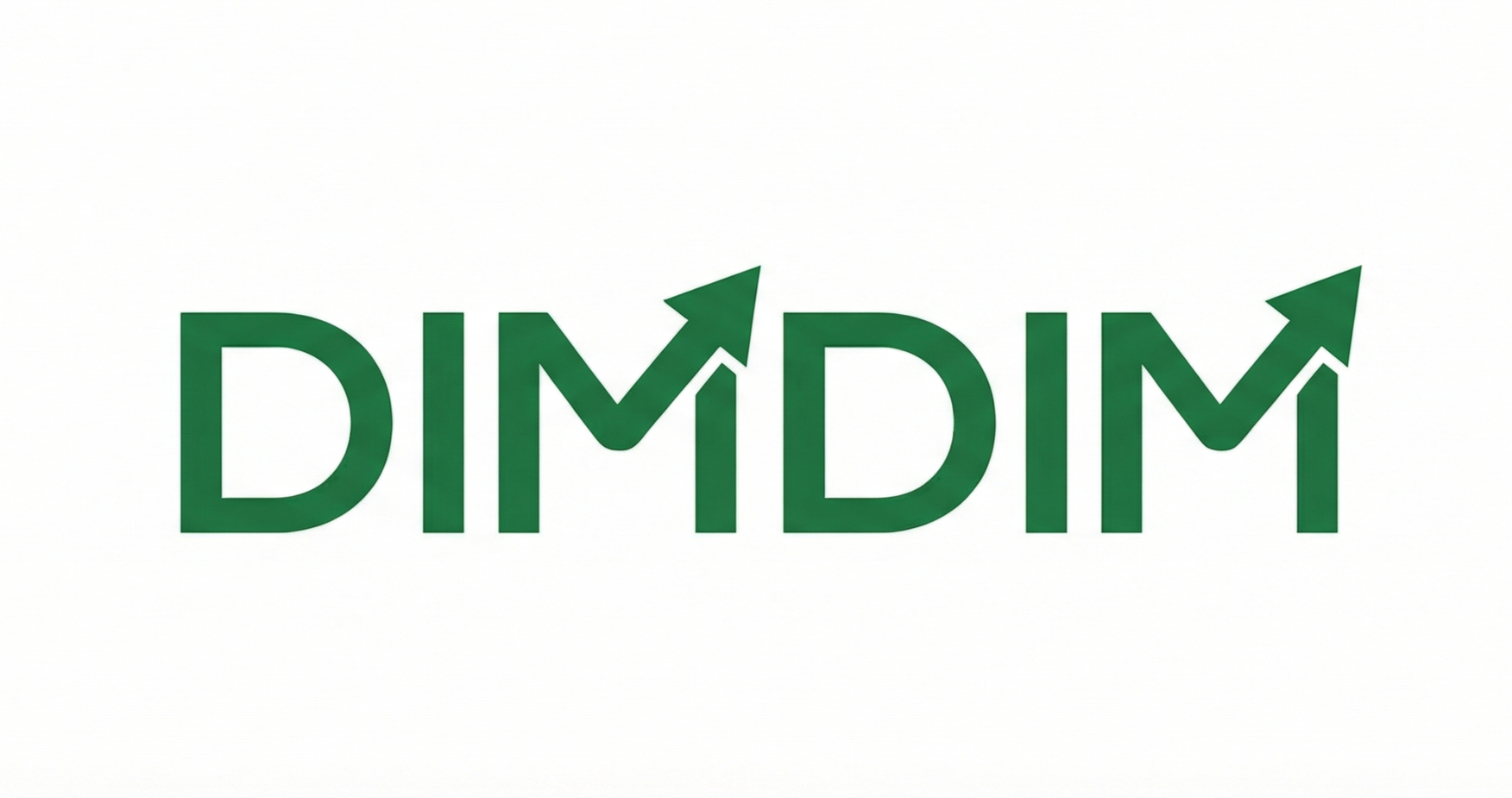 Gráfico com a palavra 'DIMDIM' em letras verdes, com as setas ascendentes representando crescimento ou alta.