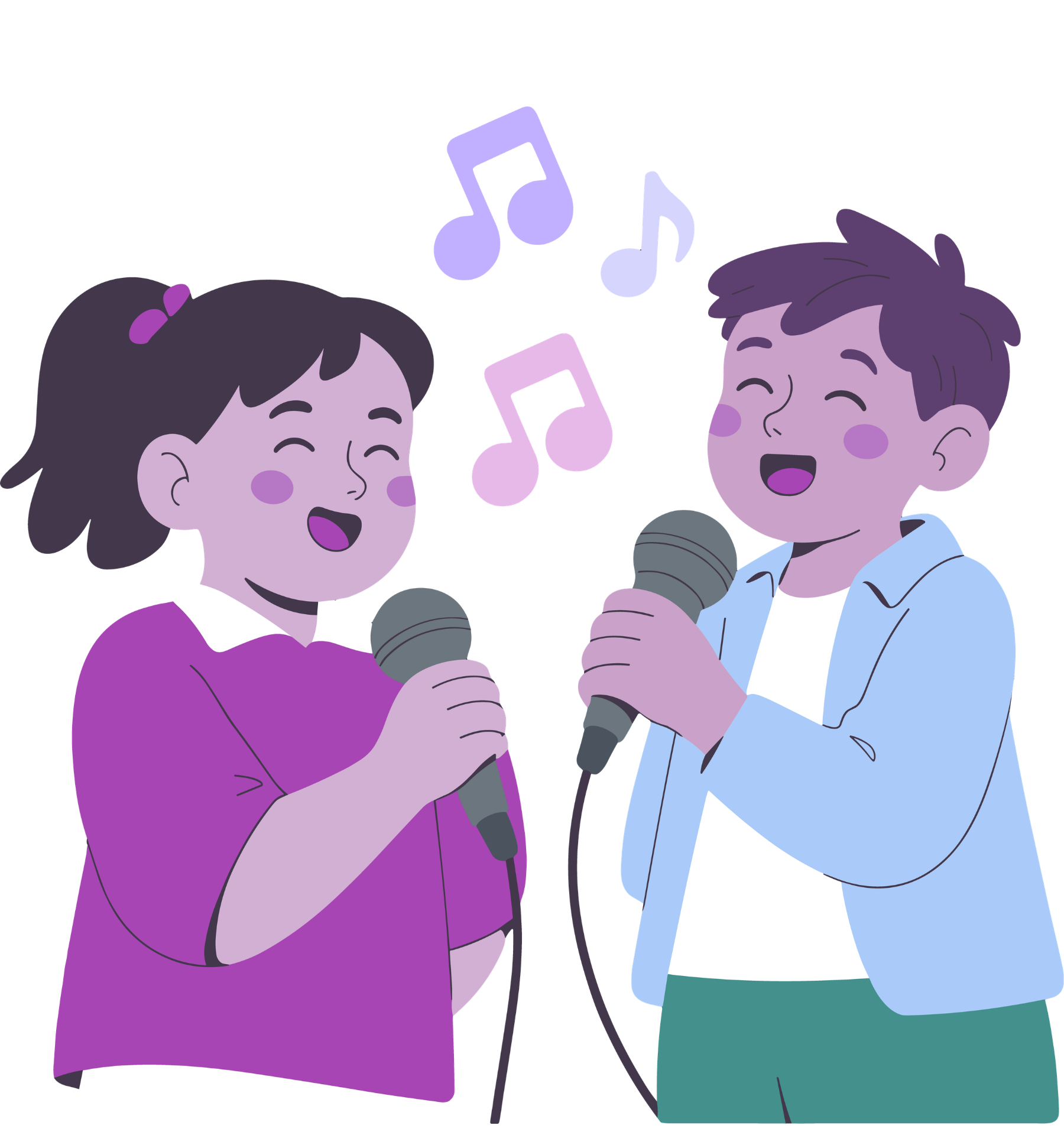 Two children, a girl with long dark hair and a boy with short dark hair, are singing together into microphones, smiling and enjoying the moment.