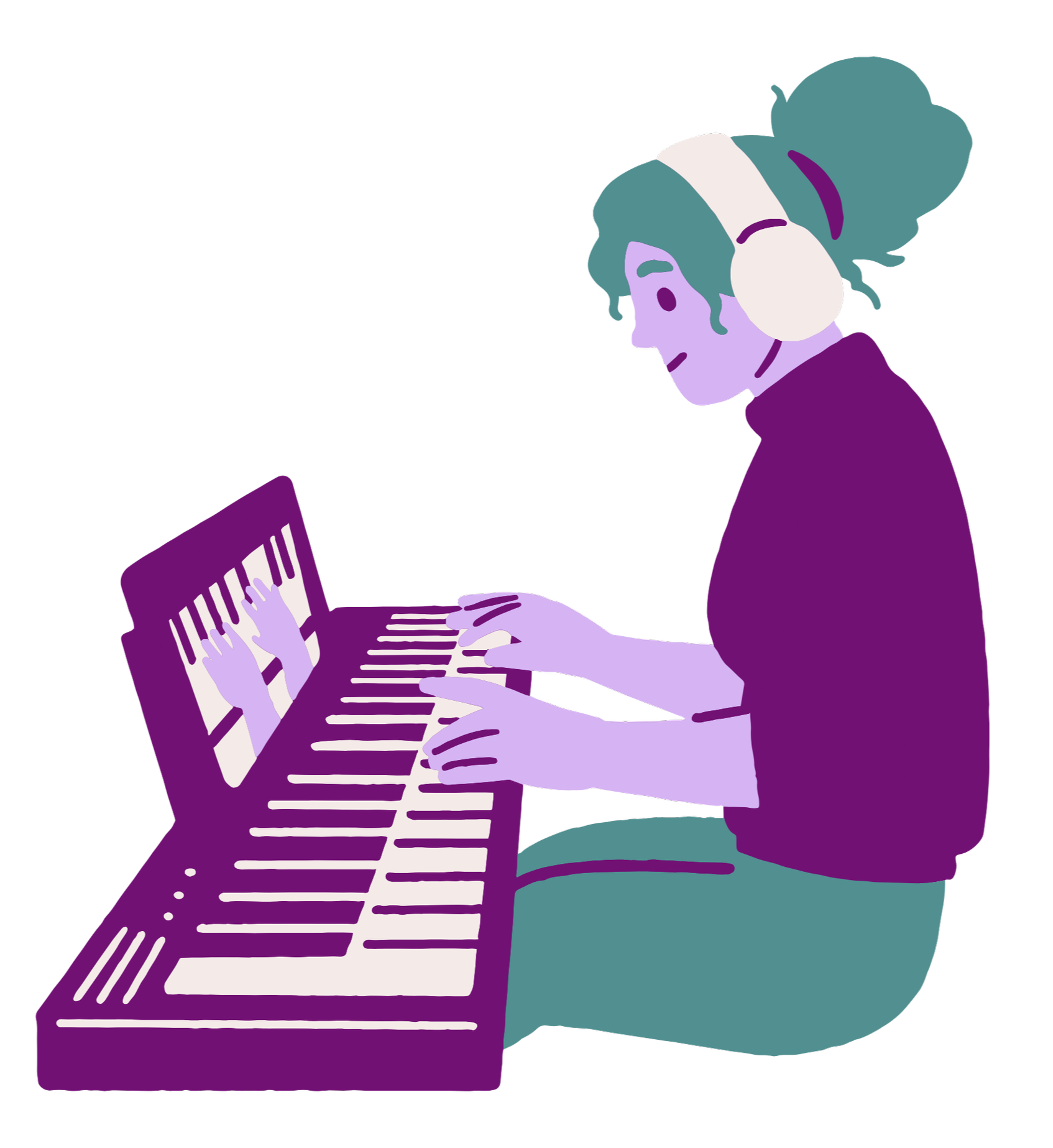 An illustrated person with teal hair wearing headphones, playing a purple piano with black and white keys.