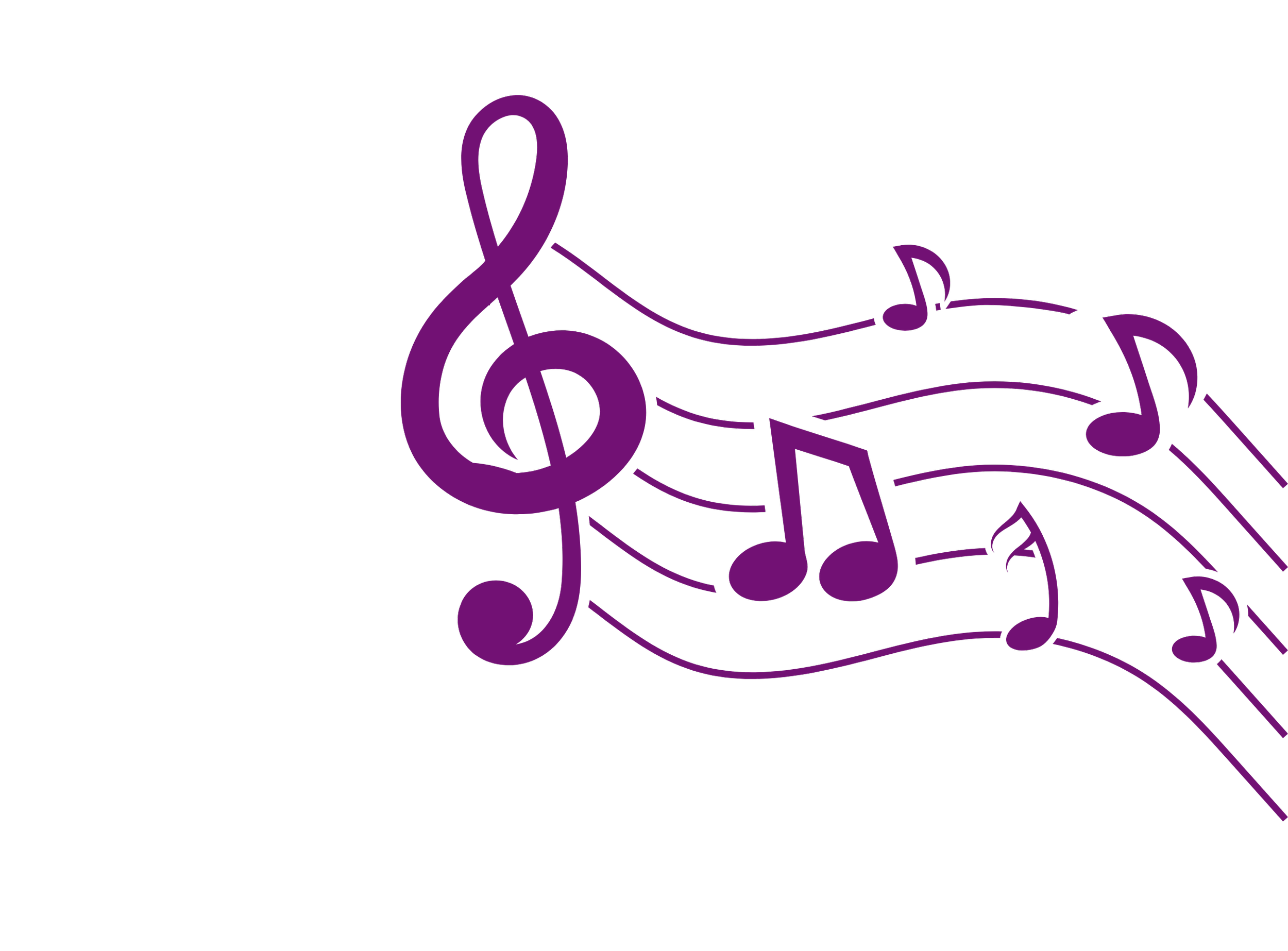 Purple music notes and a treble clef on a black background.