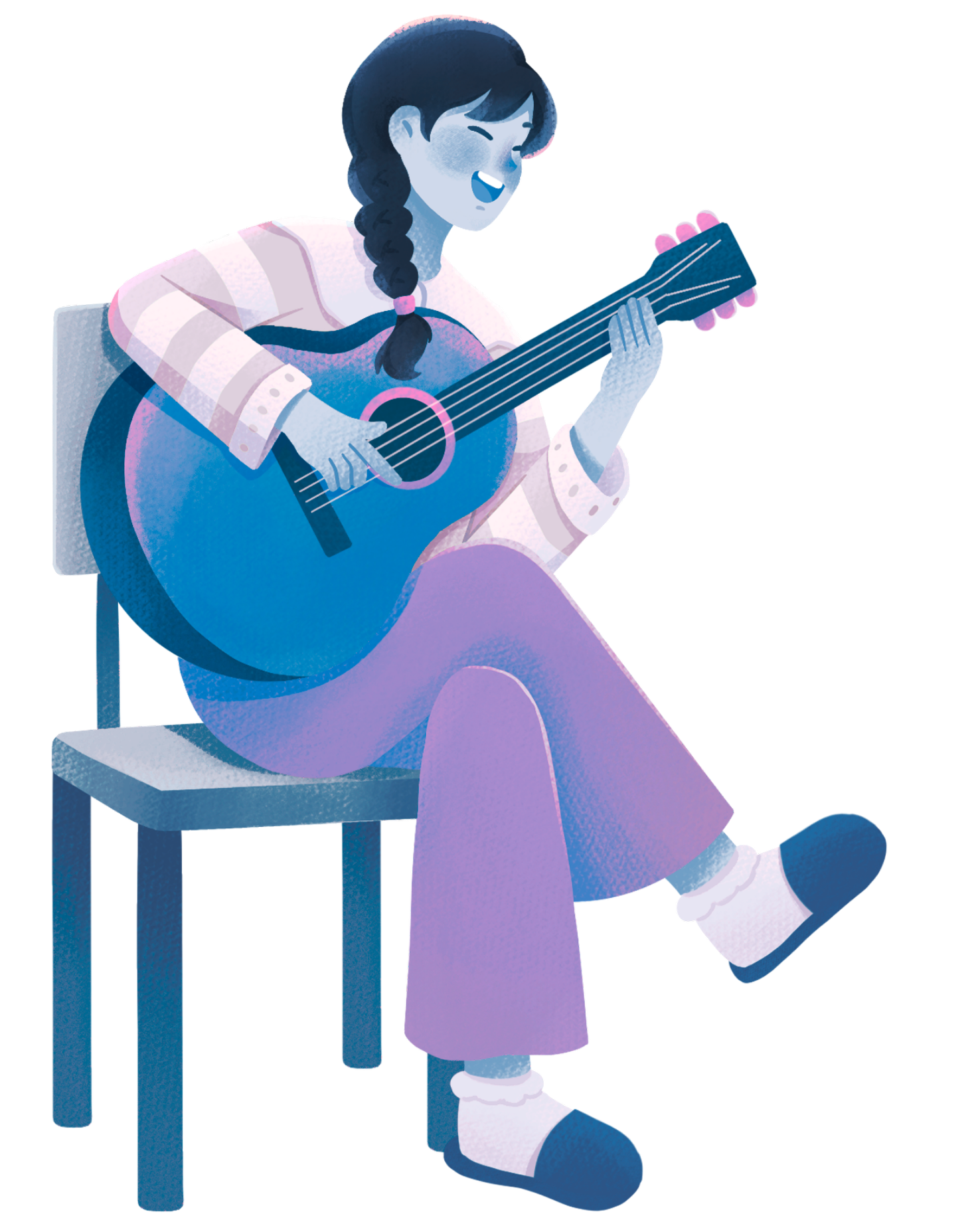 A young girl with dark hair in pigtails is sitting on a blue stool, playing an acoustic guitar and singing with her eyes closed, sitting in front of a white background.