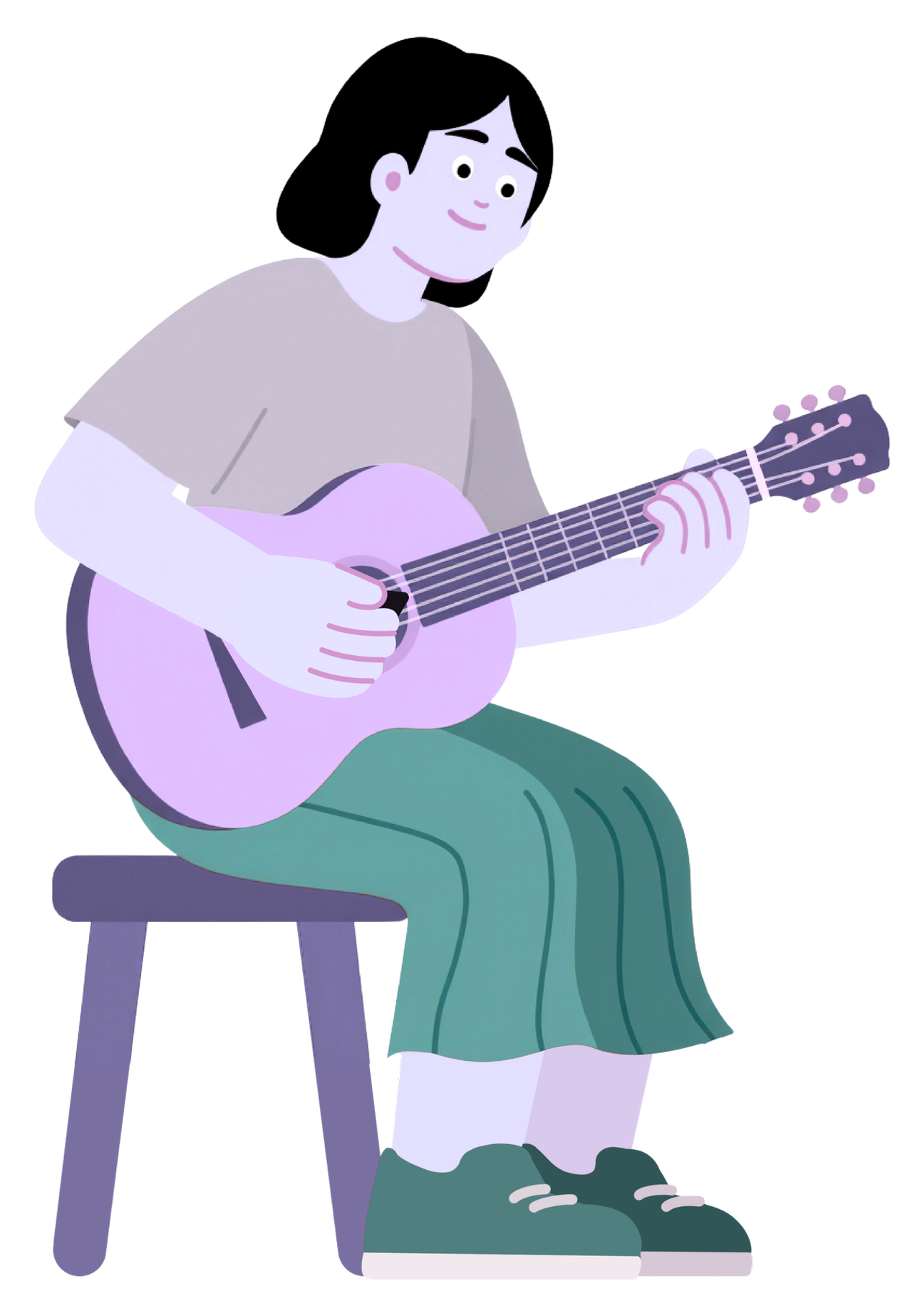 Illustration of a person sitting on a small stool, playing an acoustic guitar, wearing a light gray shirt, green pants, and dark green shoes, with black hair and a slight smile.
