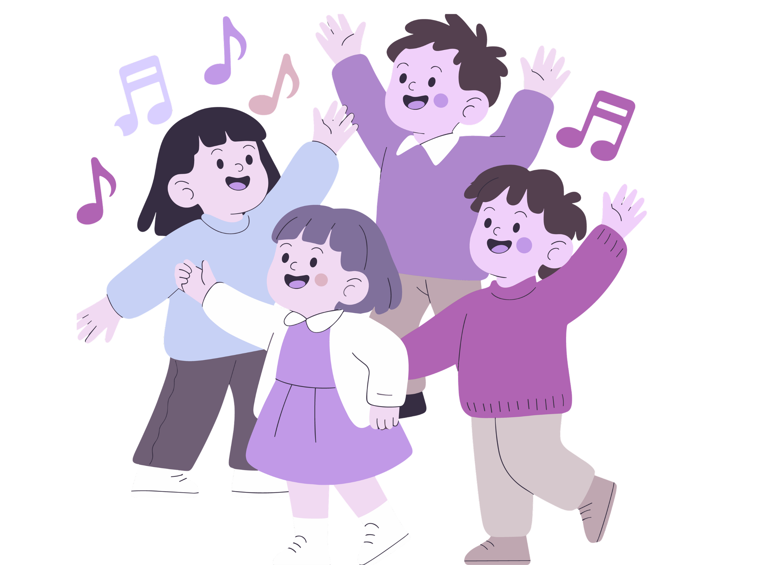 Children of various ages high-fiving and dancing together, surrounded by musical notes, with expressions of happiness and excitement.