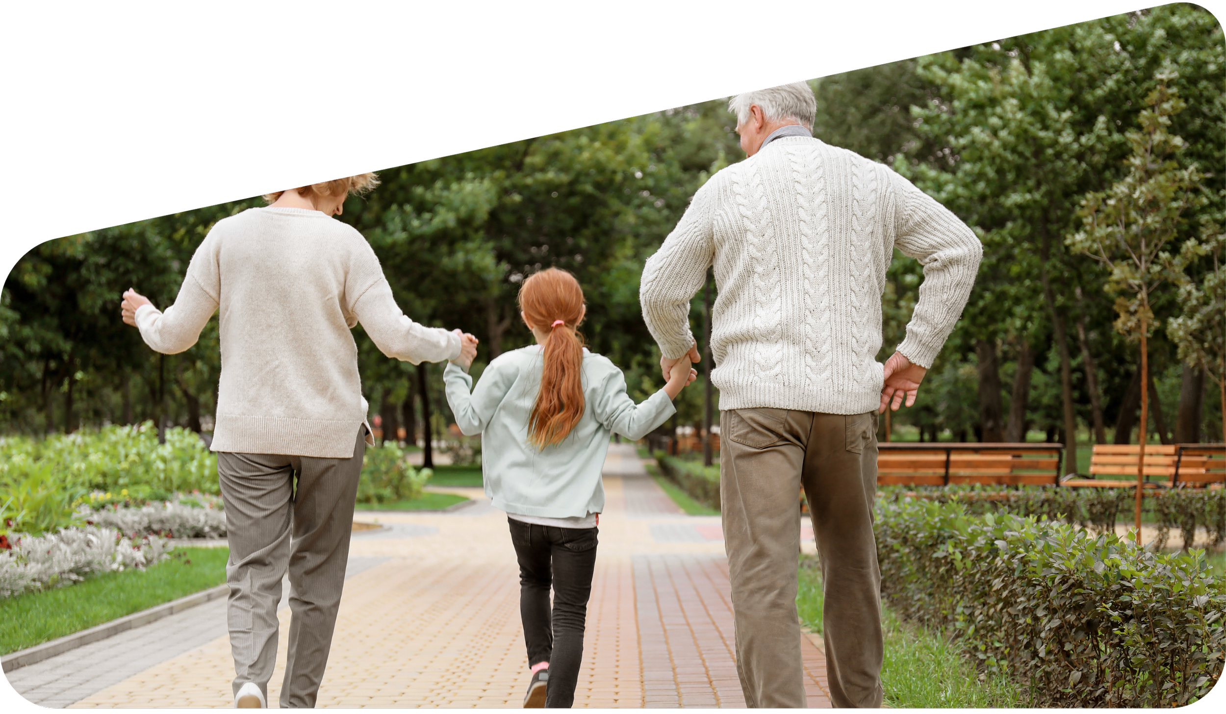 A family of three walking together in a park on a sunny day, holding hands, with lush green trees and benches in the background.