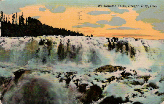 Willamette Falls, postmarked Feb. 16, 1914, Aunt Etta to Frieda Welch (PC-059)