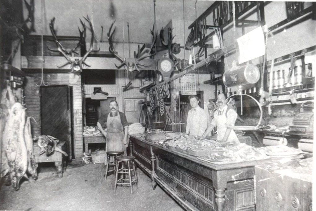 1912 - Interior Petzold Meat Market, located at 706 Main Street, Oregon City (left to right) Henry Hoffman, Wm. Ruconich, Richard Petzold (#282)