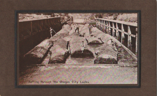 Rafting through the Oregon City Locks.  Built between 1868 and 1873 opened New Year's Day 1873.  Four lift-chambers, each provides a 10-12 foot elevation change, can accommodate vessels up to 175 feet long and 39 feet wide.  Oldest continuously used 