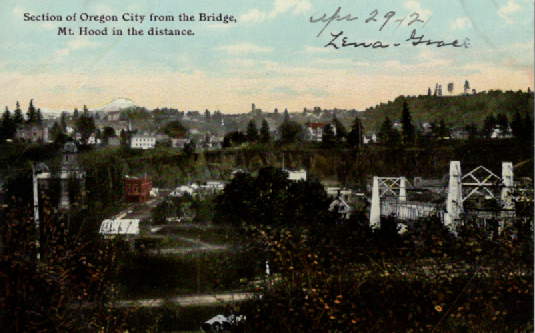 PC050 Section of Oregon City from the Bridge, Mt. Hood in distance.  Dated April 21, 1921.  1888 suspension bridge.