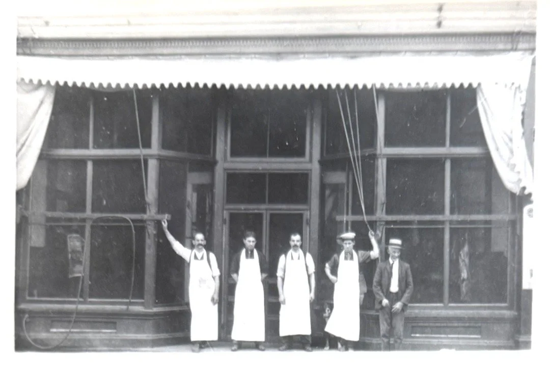 1912 - Petzold Meat Market, located at 706 Main Street, Oregon City (left to right) Richard Petzold, Wm. V. Ruconich, Henry Hoffman, John Ropell and Dr. Mosher (#281)