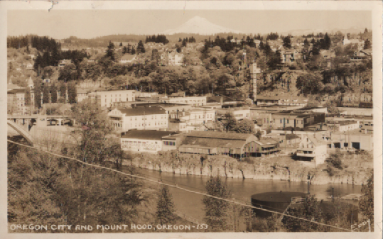 PC094  Oregon CIty and Mount Hood-153  Eddy photograph.  1922 bridge to left, first public elevator at back right built 1915, replaced 1955.  The Oregon City Municipal Elevator is a unique, free public transit landmark that connects the city’s lower 
