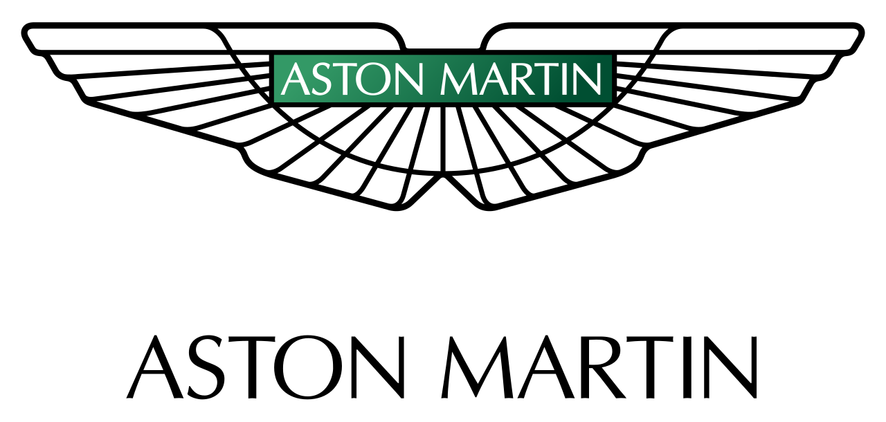 A logo with the text 'ASTON MARTIN' in white letters on a green rectangular background
