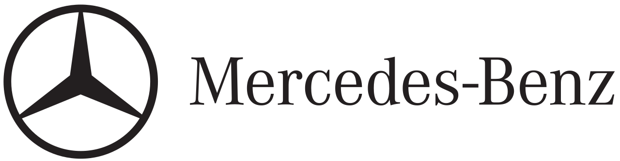 Mercedes-Benz logo with black circular emblem containing a three-pointed star and the brand name in black text.