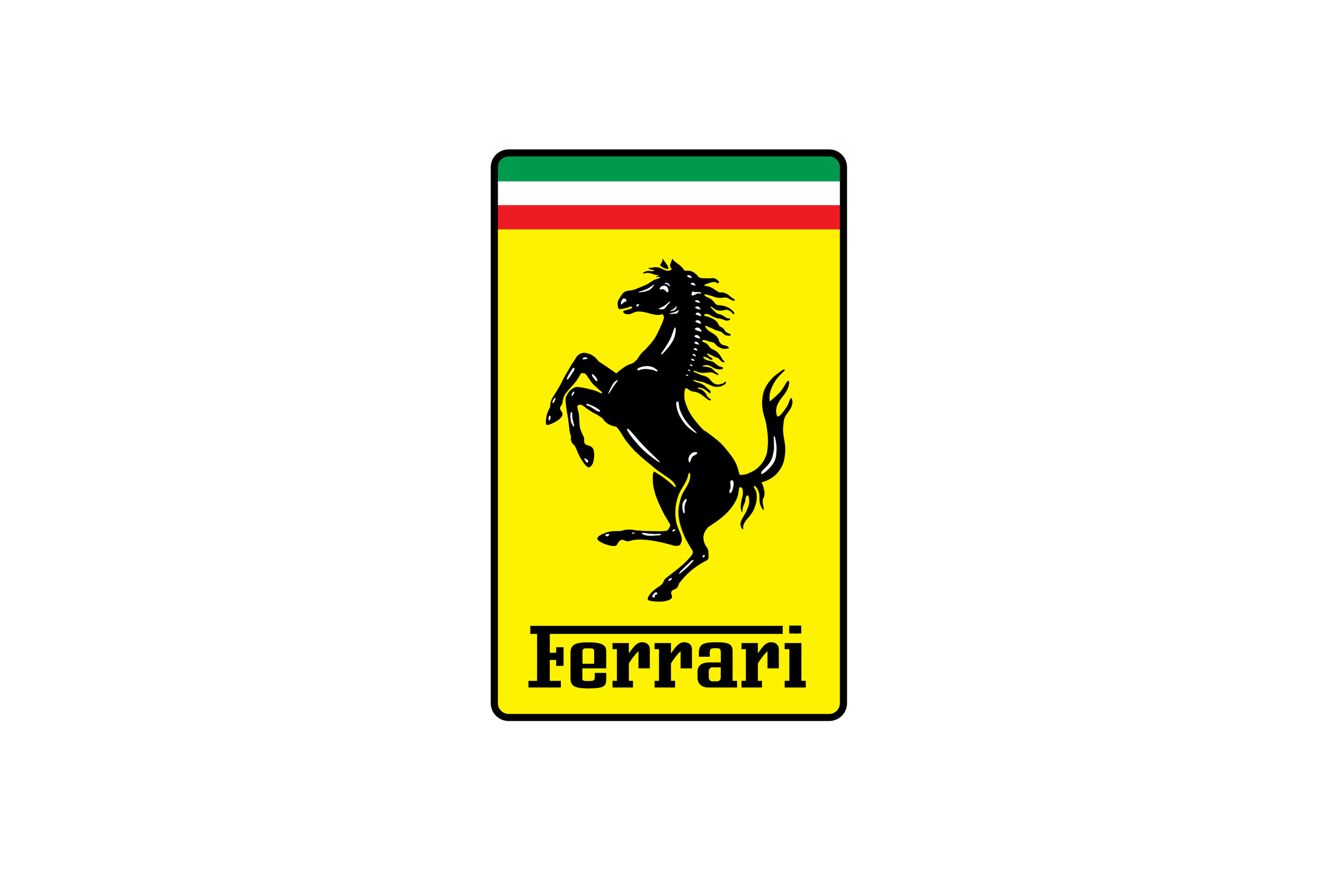 Ferrari logo featuring a black prancing horse on a yellow background with green, white, and red stripes at the top.