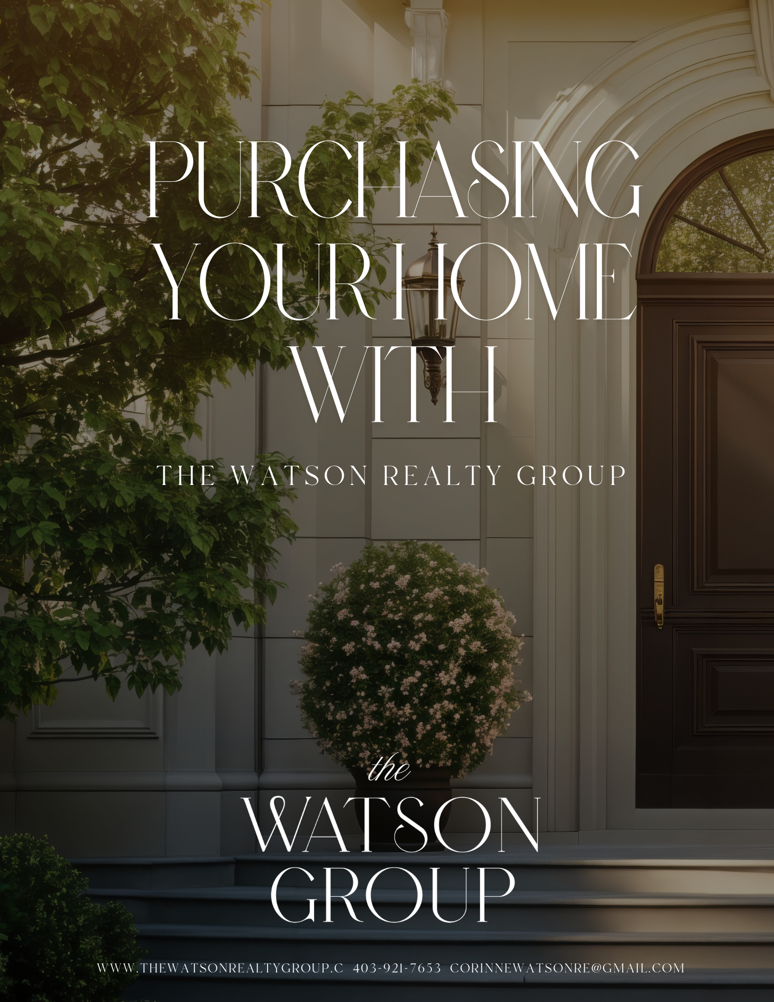 Front entrance of a home with white walls, large door, outdoor lamp, and landscaped greenery, advertising real estate services for The Watson Realty Group.