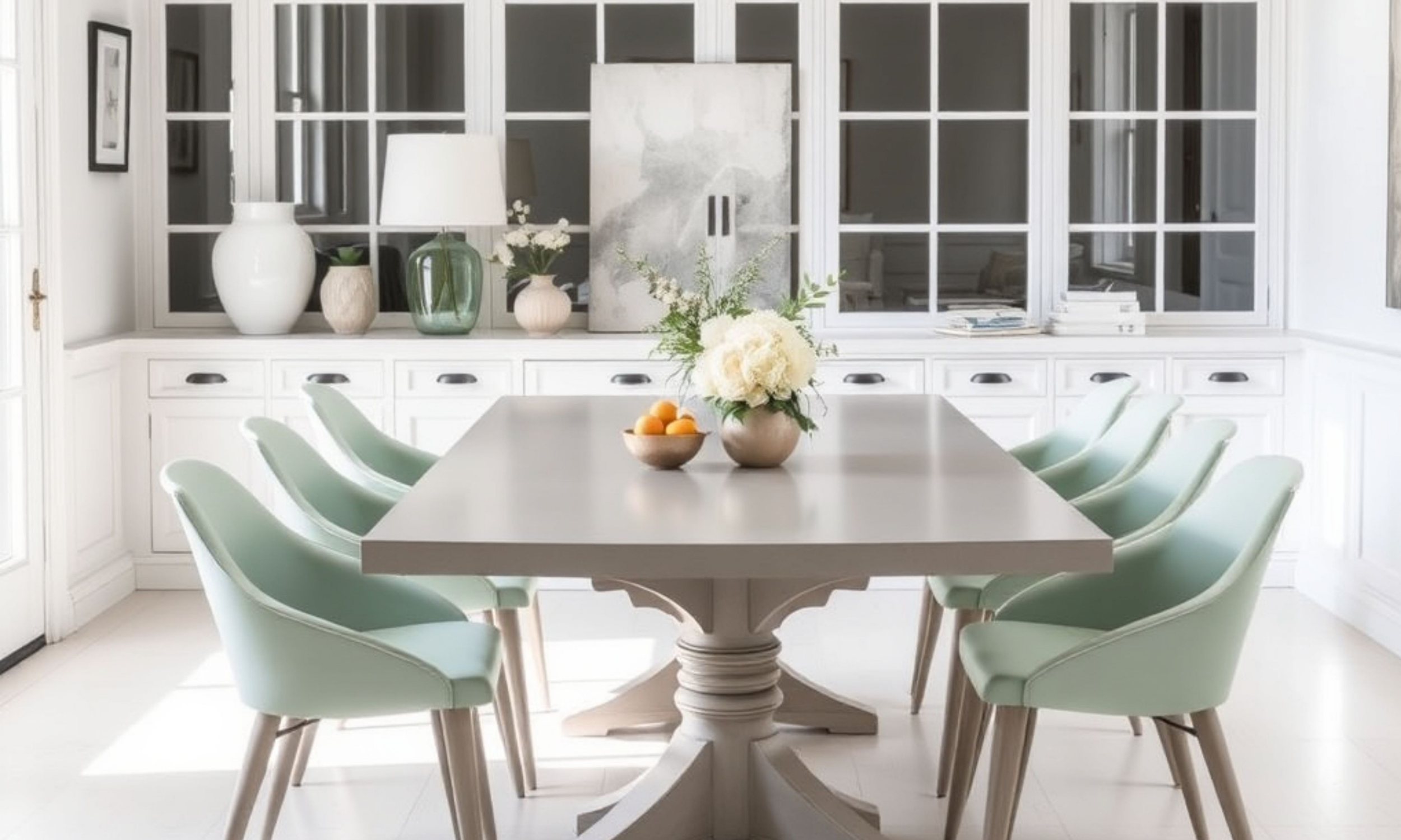 A white dining room with a rectangular table surrounded by eight light green chairs. The table has a flower arrangement with white flowers and greenery, and a bowl of oranges. In the background, there are white cabinets with black handles, decorative vases, and windows with multiple panes.