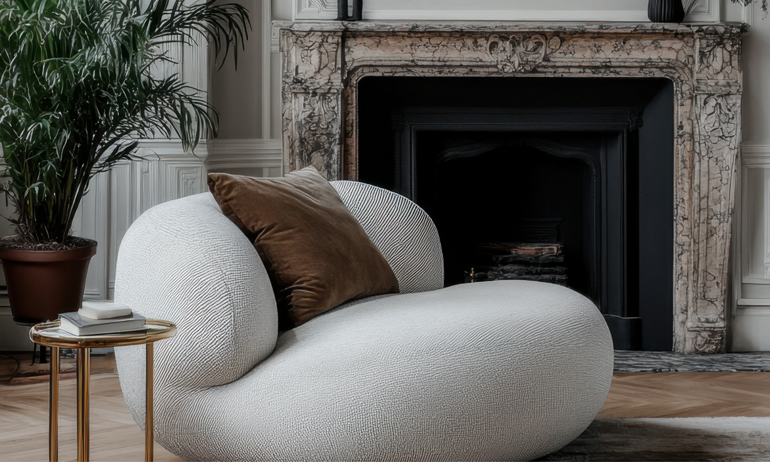A cozy living room corner with a white textured modern sofa, a brown velvet throw pillow, a small round side table with a stack of books and a remote control, a large potted plant with broad green leaves, and an ornate marble fireplace in the background with a black interior.