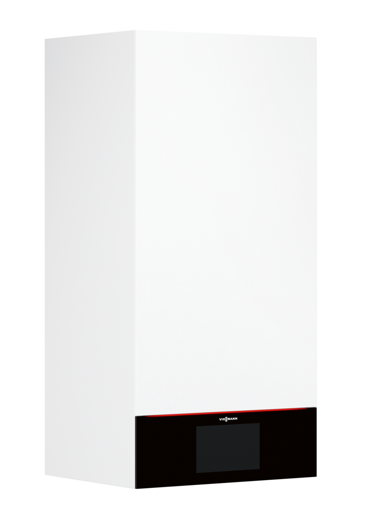 Weiße, moderne Heizungsanlage mit digitalem Display und schwarzen Akzenten.
