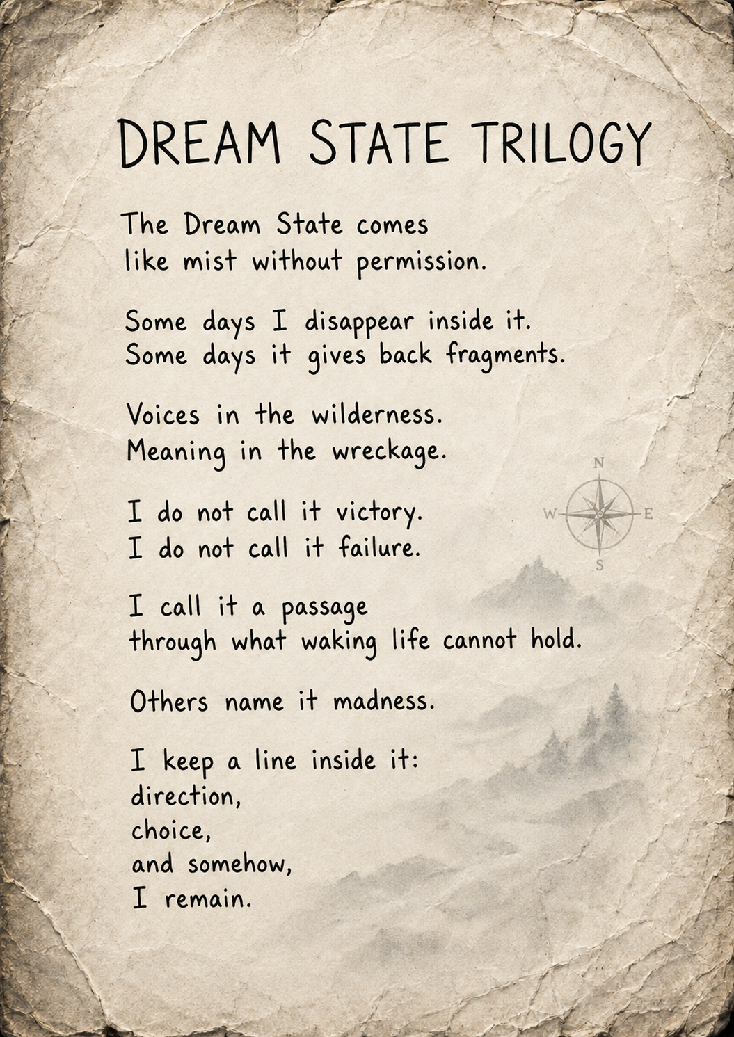 Dream State Trilogy — Handwritten poem on worn, crumpled paper with faint mist, distant landscape and a compass. The poem explores the shifting boundary between psychosis, meaning and shared reality, while holding onto direction, choice and a continu