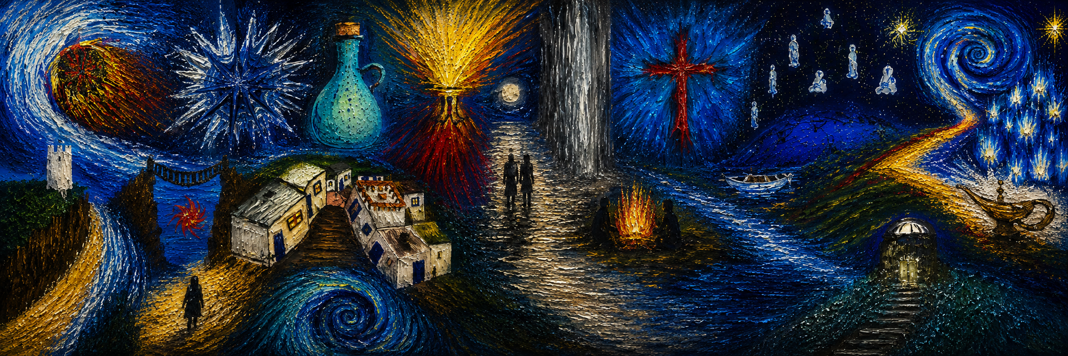 A colorful, abstract landscape featuring fireworks, a large bottle, a small village, waterfalls, a boat on water, a cross, a person, and swirling starry patterns.