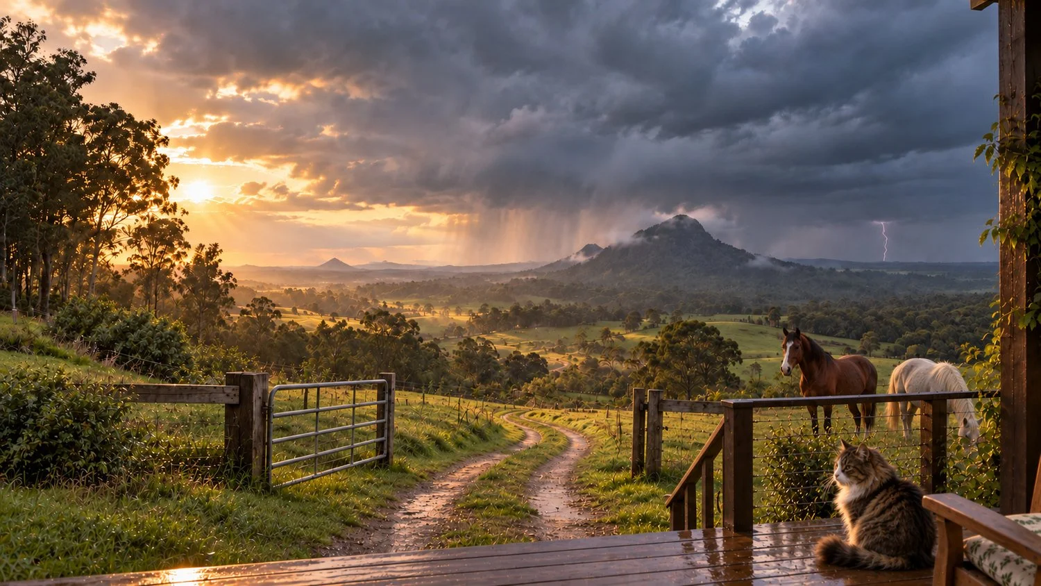 A tabby cat rests on a wet verandah near a bay and a grey horse. Beyond an open gate, a winding track disappears into a rural valley under sunlight and storm clouds.