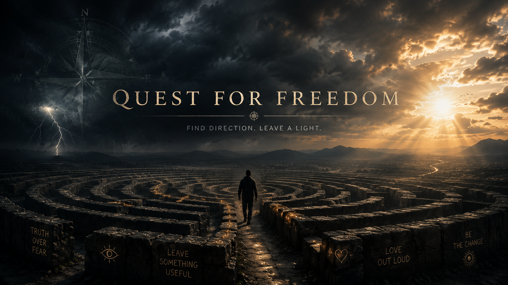 A person walking through a labyrinth at sunset with dark stormy clouds and lightning in the sky. The text overlay says "Quest for Freedom" and "Find direction. Leave a light." there are inspirational phrases on the labyrinth walls like "Truth over fear," "Leave something useful," "Love out loud," and "Be the change."