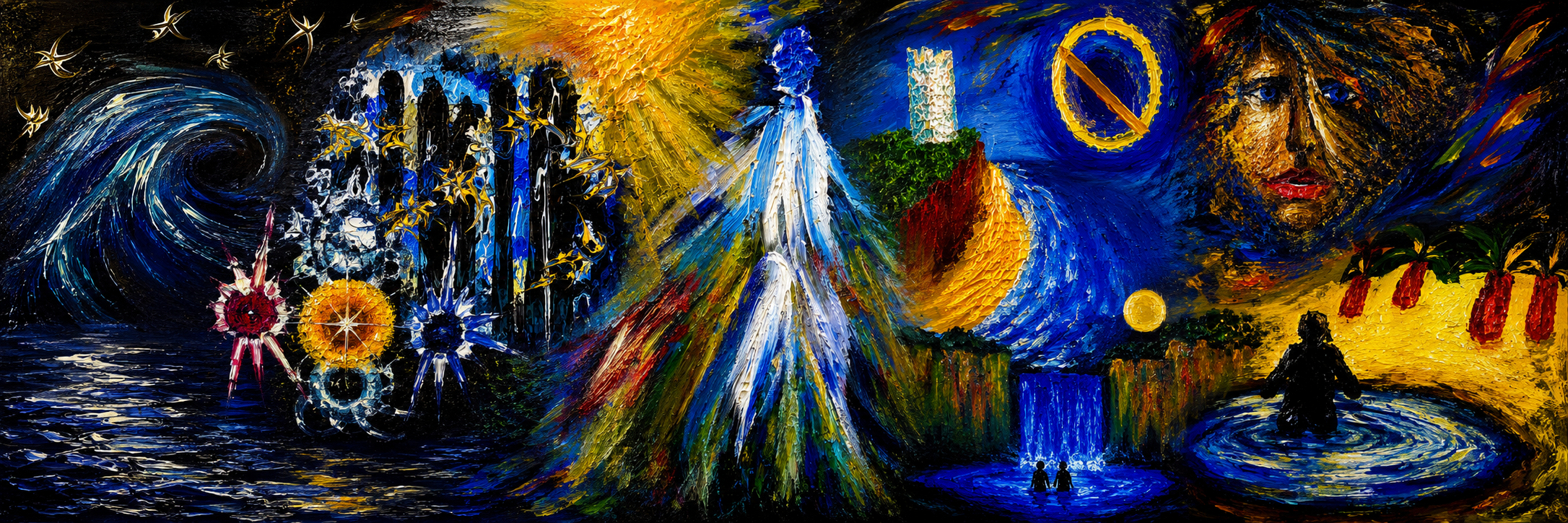 A colorful abstract painting combining elements inspired by Vincent van Gogh and modern pop art. It features swirling skies, fireworks, waterfalls, and a large woman's face with expressive eyes, all painted with thick, textured brush strokes.