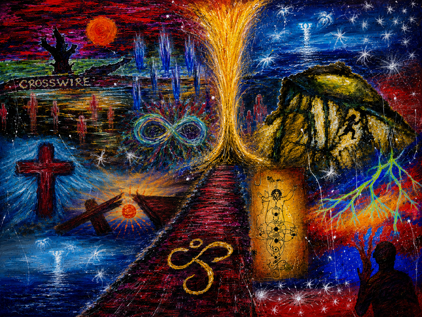 A vibrant, colorful mural depicting various spiritual and cosmic symbols, including a cross, a tree, a pathway, a person meditating, and abstract patterns, with a cosmic background of stars, fire, and water.