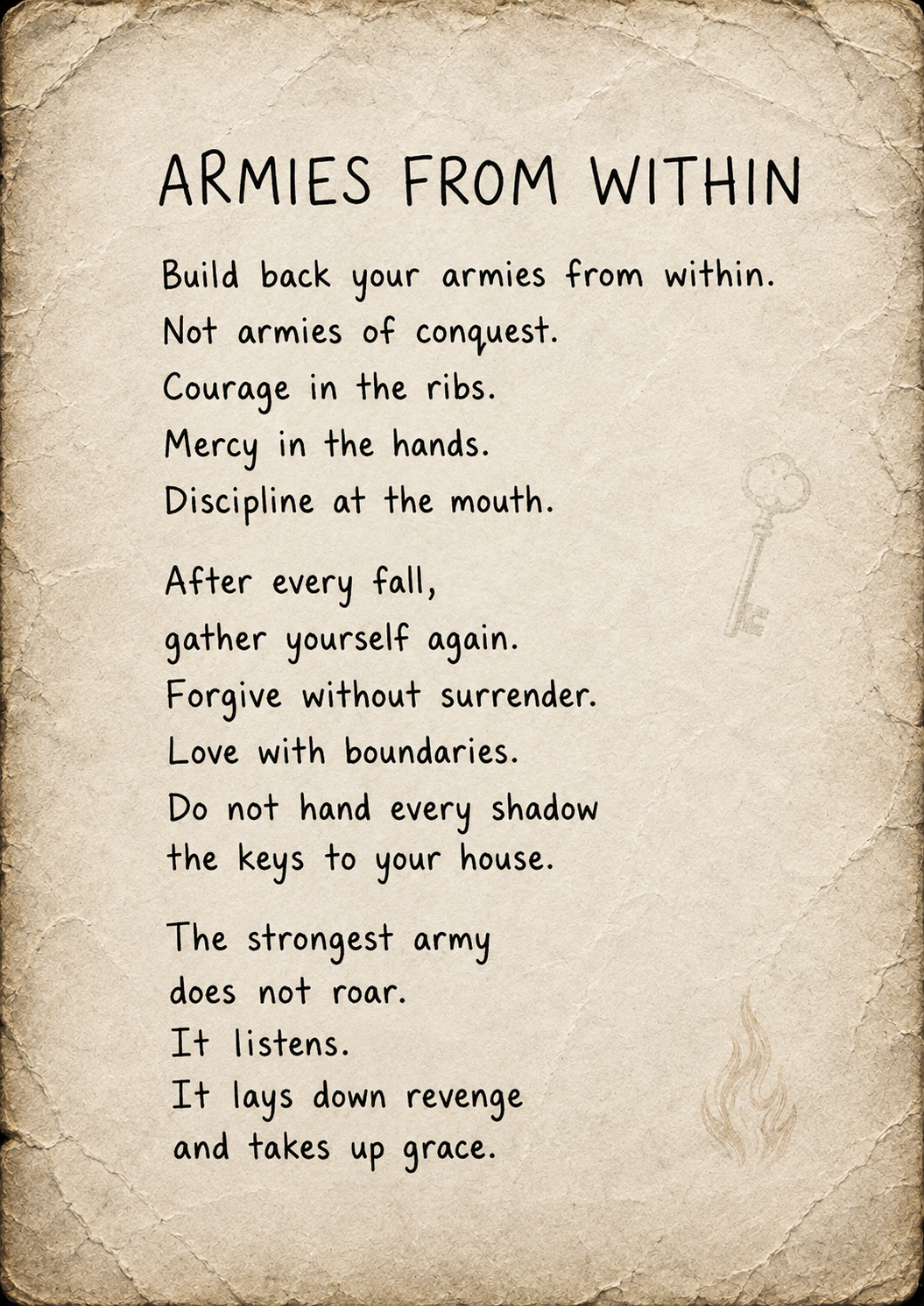 Armies From Within — Handwritten poem on aged paper with subtle images of an old key and a small flame. A poem about rebuilding inner strength through courage, mercy, boundaries, forgiveness and grace rather than conquest or revenge.