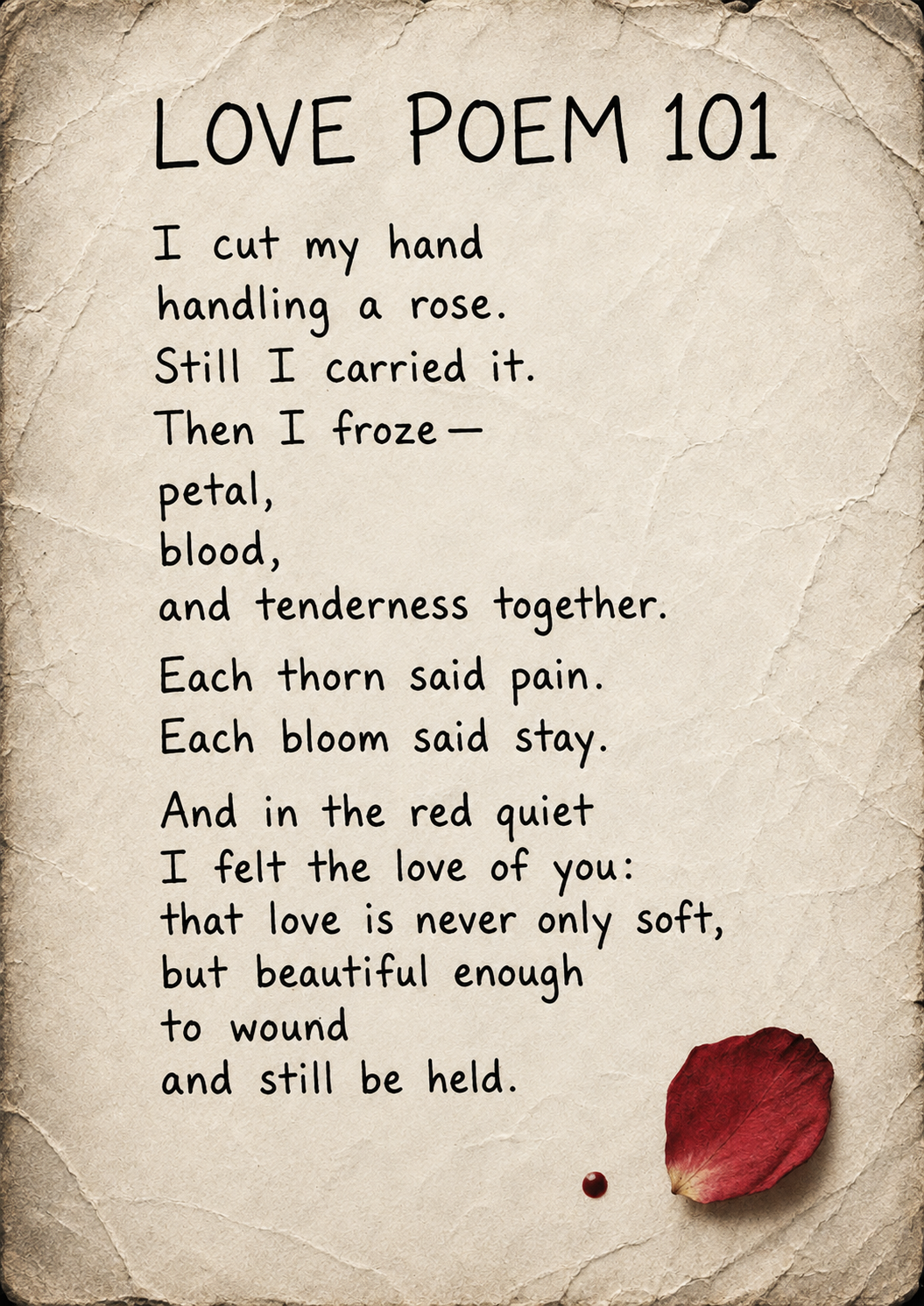Love Poem 101 — Handwritten love poem on weathered cream paper with a single fallen red rose petal and a small drop of blood. The poem uses the wound from handling a rose to explore love as both tenderness and pain—something capable of wounding while
