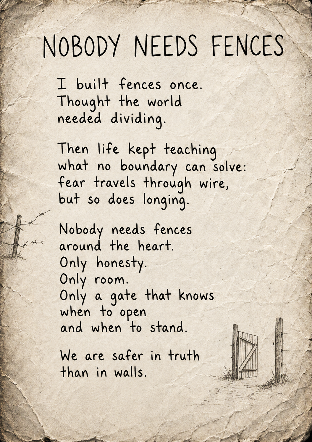 Nobody Needs Fences — Handwritten poem on aged paper with a broken fence and an open wooden gate. Drawing on the experience of building fences, the poem explores emotional boundaries, fear, honesty and the difference between protection and shutting o