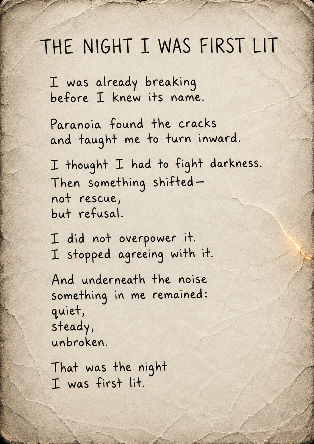 The Night I Was First Lit — Handwritten poem on weathered paper with a subtle glowing crack of light. A reflection on paranoia, inner darkness and the moment of refusing to let frightening thoughts define reality, discovering something quiet and endu