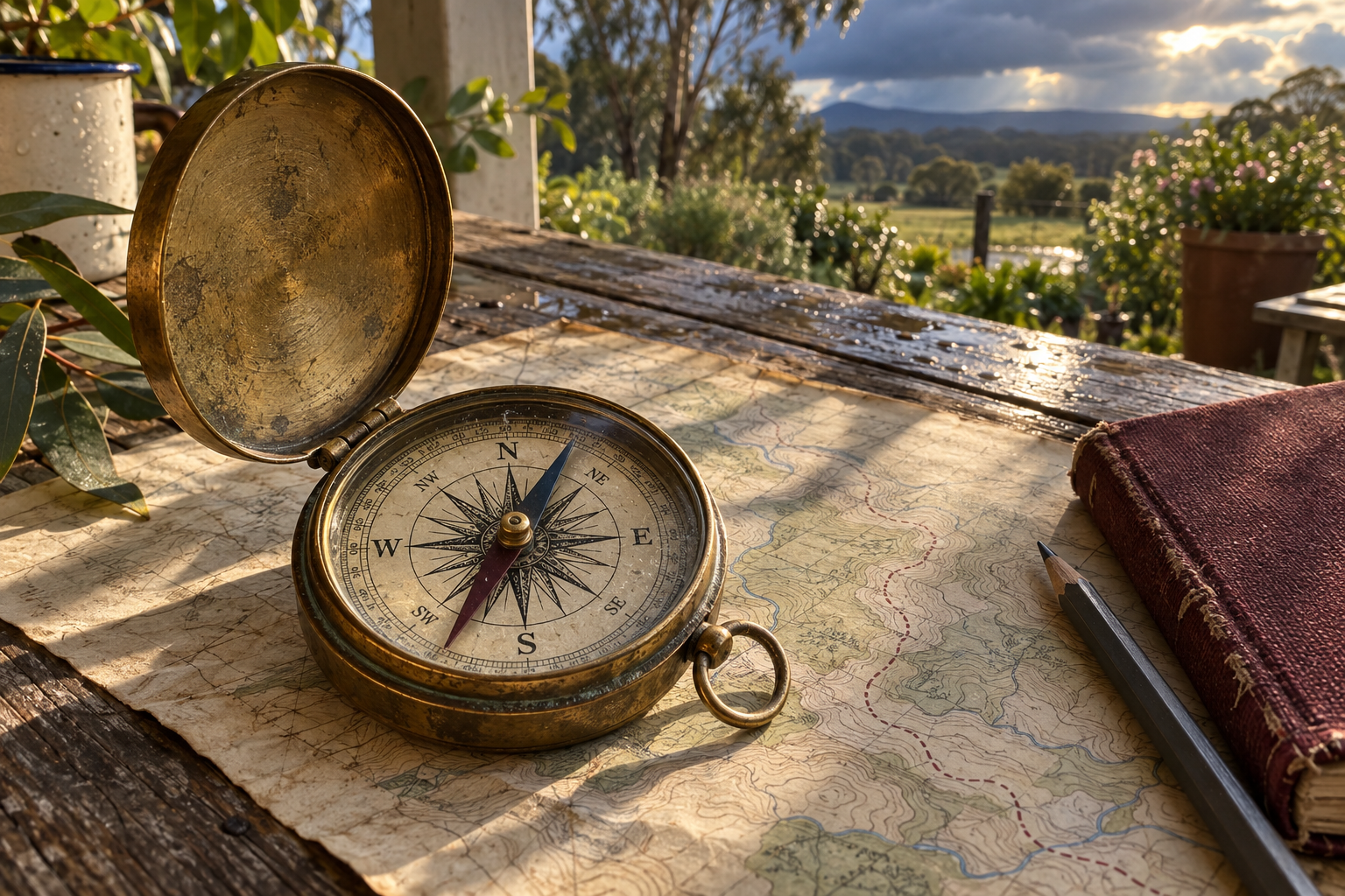 An antique brass compass rests on a worn field map beside a burgundy notebook, with sunlight breaking through storm clouds beyond the verandah.