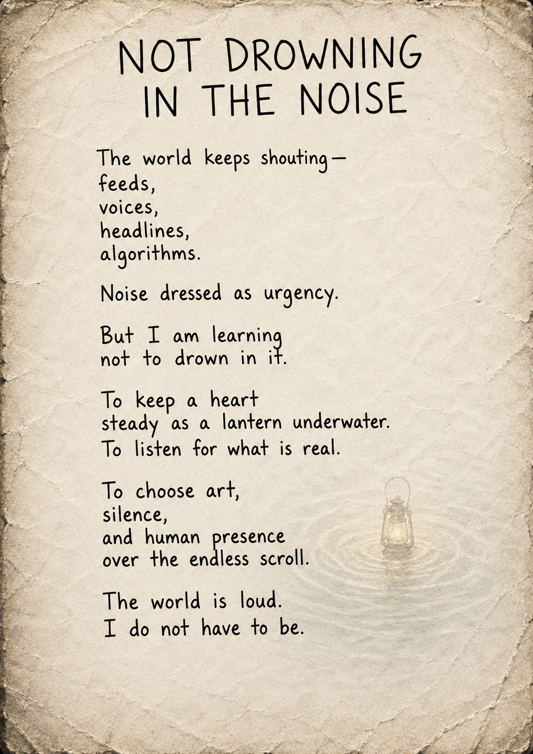 Not Drowning in the Noise — Handwritten poem on crumpled paper with a faint lantern surrounded by gentle water ripples. A reflection on social media, algorithms and constant noise, and choosing art, silence, attention and human presence instead.