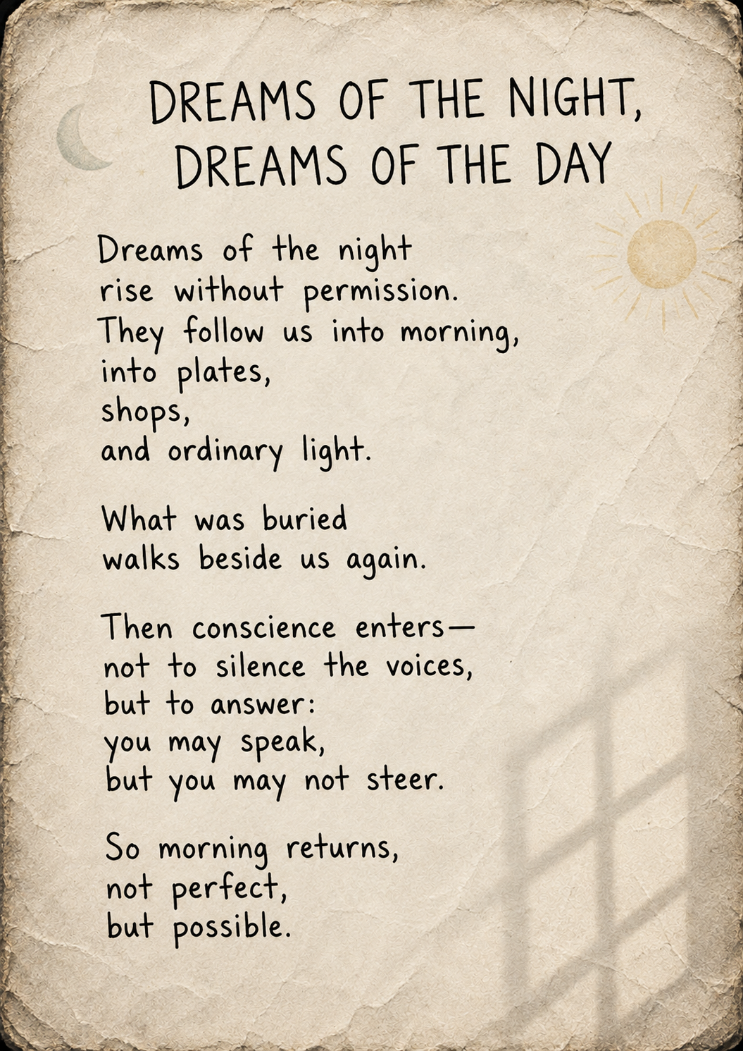Dreams of the Night, Dreams of the Day — Handwritten poem on crumpled paper with a faint moon, rising sun and window-light shadow. The poem explores memories and voices moving from night into ordinary waking life, and the choice to hear them without 