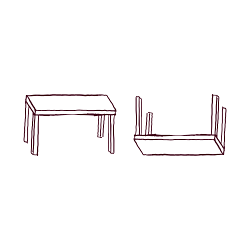 Diagram of a table with a removable top, showing the table with and without the top.