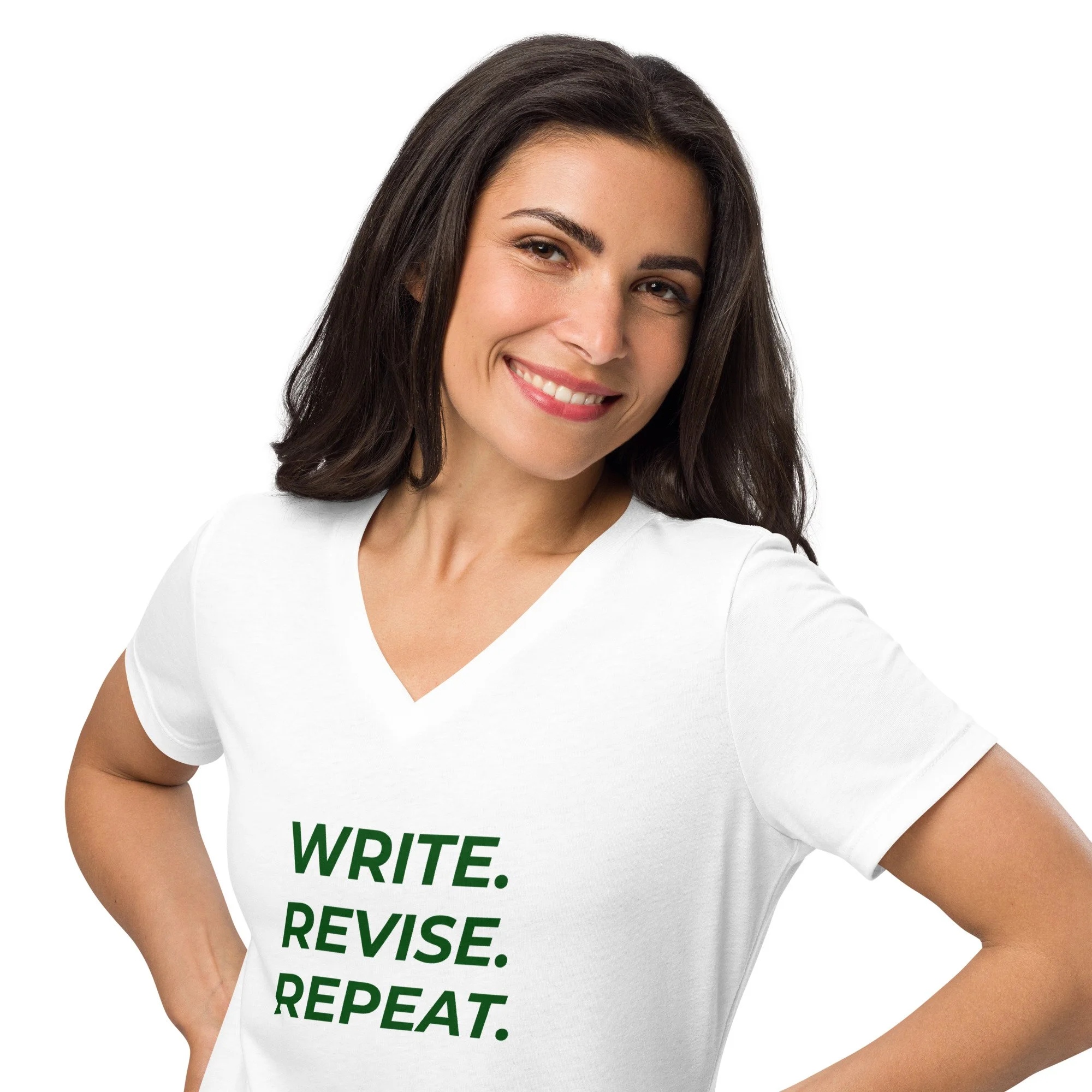 Women’s "Write. Revise. Repeat." V-Neck T-Shirt (available in white)