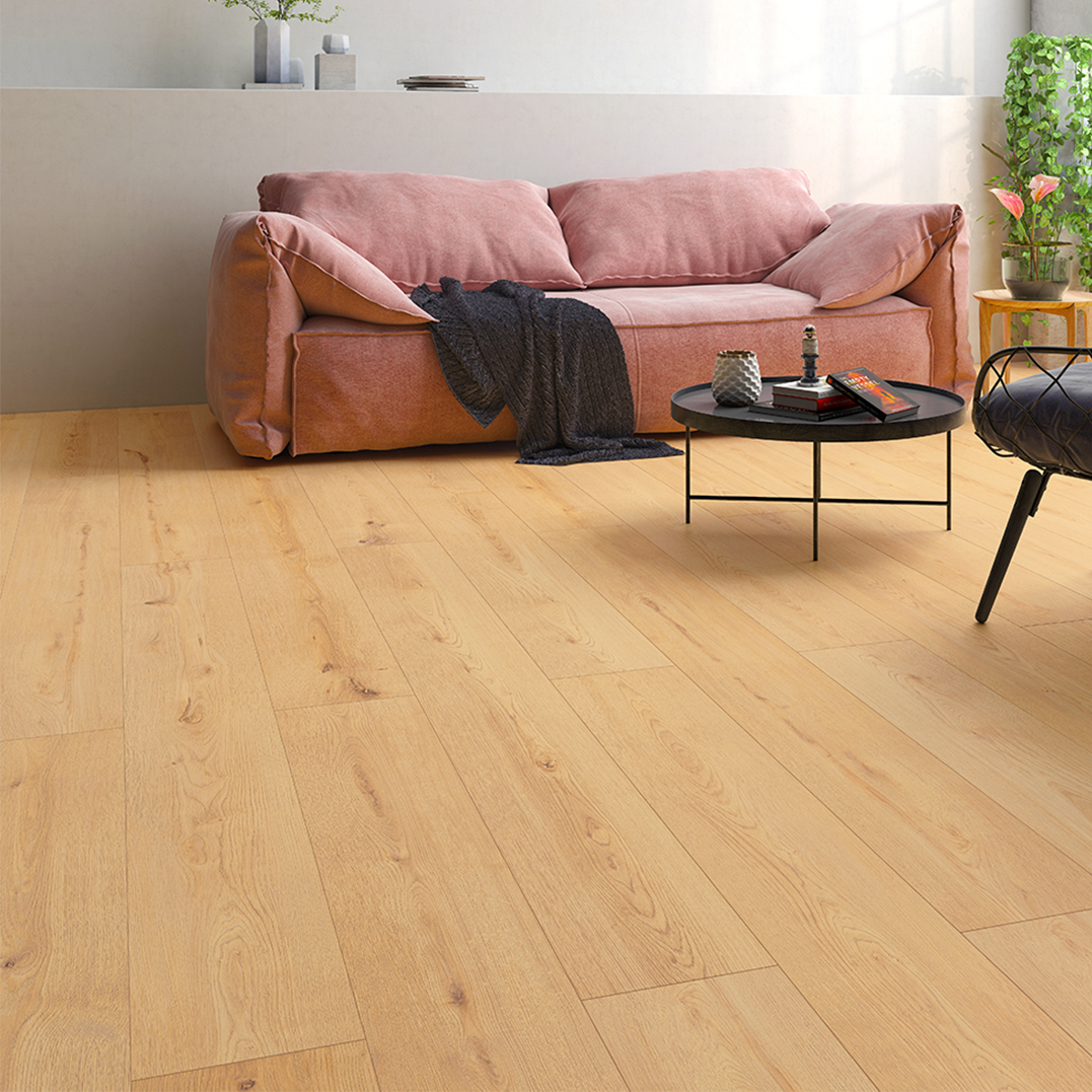 Living room with light wood flooring, a pink velvet sofa with a black throw blanket, a round black coffee table with books and decorative items, a small wooden side table with a potted plant, and a black chair.
