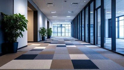 Empty modern office hallway with large glass windows and potted plants.