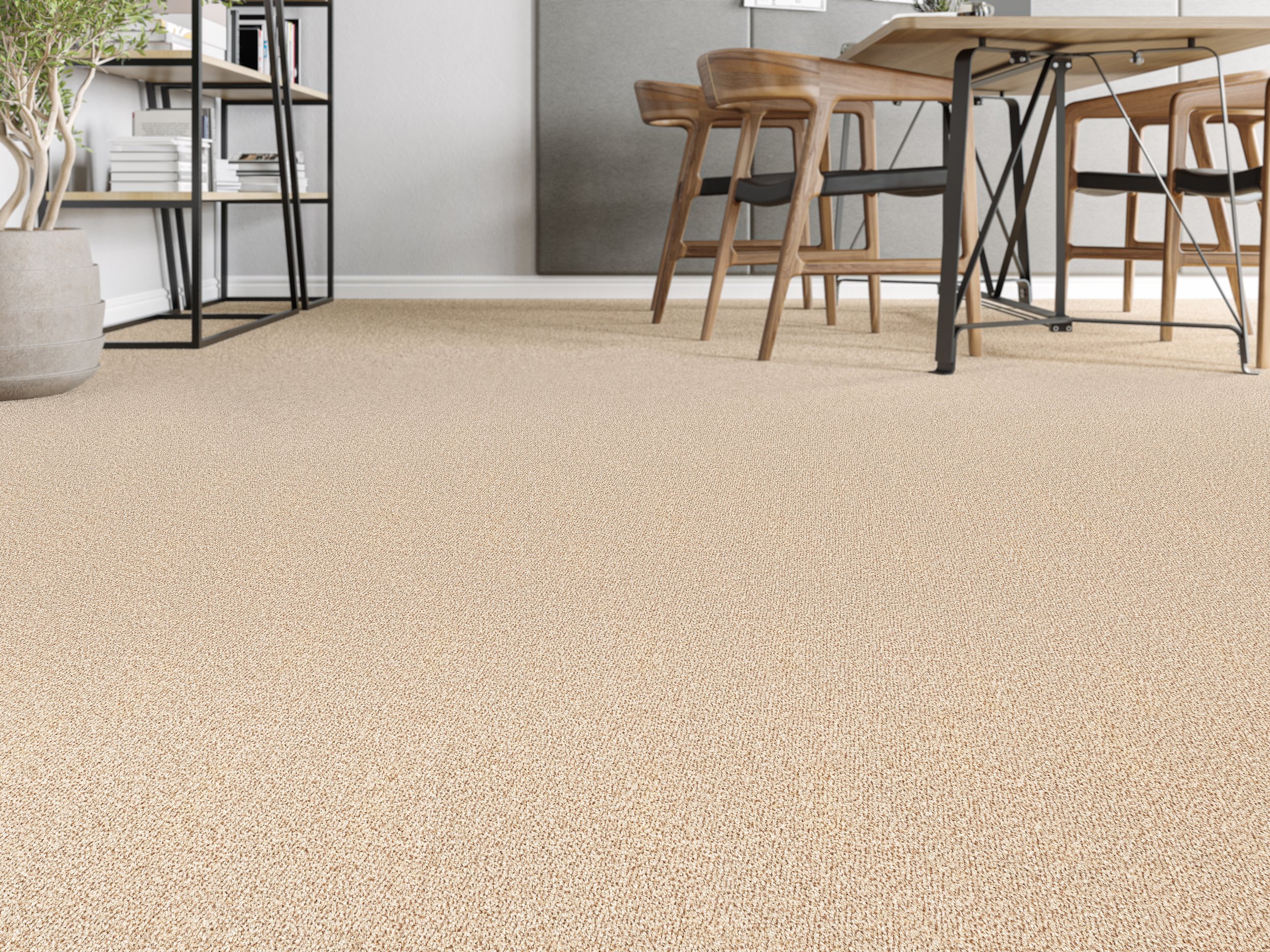 Interior of a modern office or meeting room with beige carpet, wooden chairs, and a table. There is a gray wall, a black metal shelving unit with books and décor, and a large potted plant on the left.
