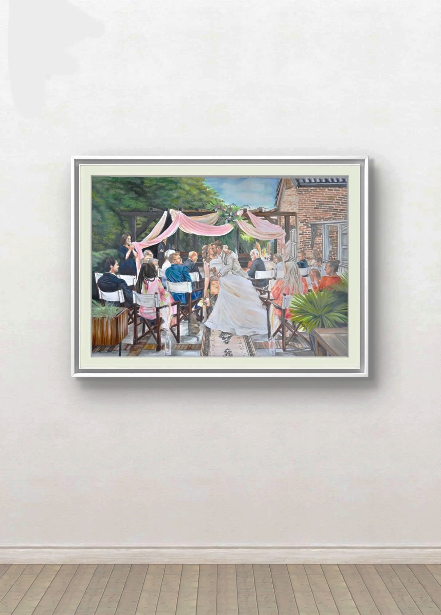 Painting of a wedding reception on a patio with guests seated and a bride in a white dress in the center.