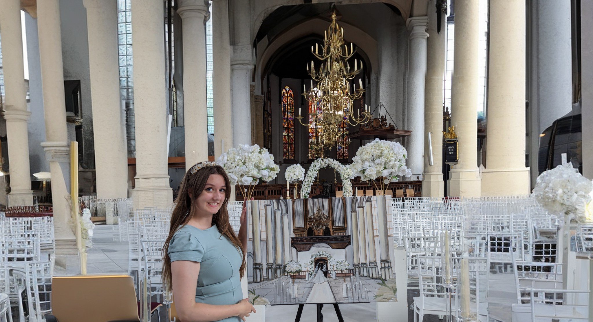 A woman in a light blue dress standing in a church decorated for a wedding, with floral arrangements and an altar, holding a painting of the church's interior.